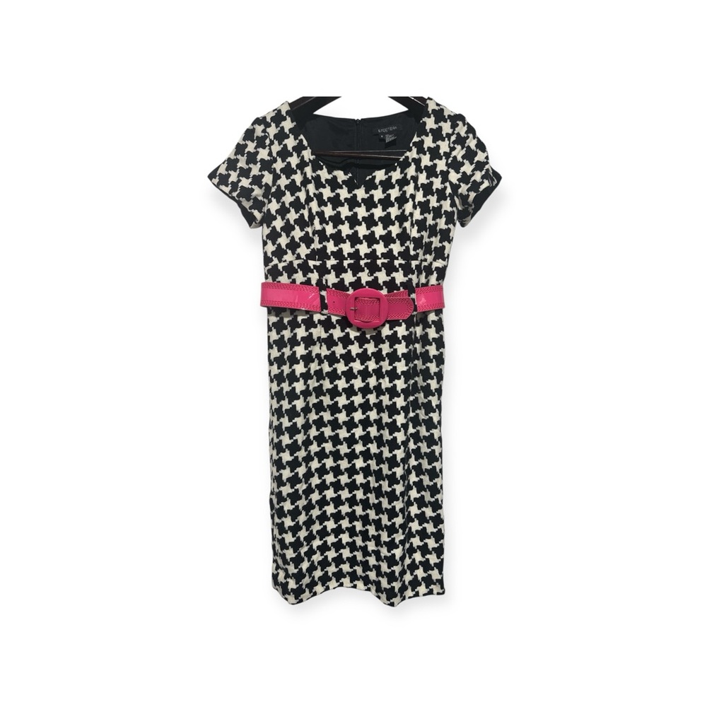 Etcetera Black Ivory Houndstooth Wool Blend Belted Sheath Dress Size 8